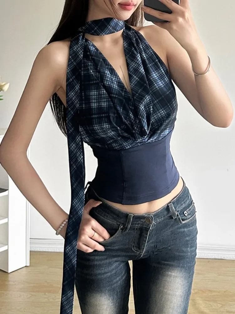 Y2k Aesthetic Vest For Women 2025 Plaid Patchwork Sleeveless Camis Harajuku Halter Bandage Summer Backless Grunge Crop Tops