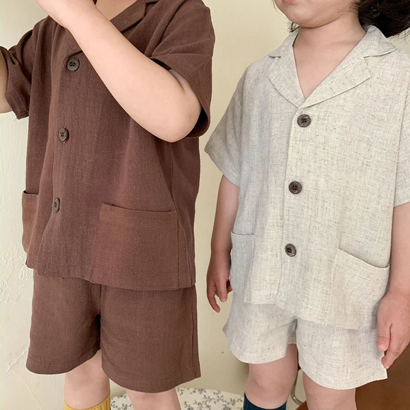 Summer Korean Style Children Clothing Suit Short Sleeved Cotton Solid Color Shirt+Shorts Baby Boys Girls Clothes Set