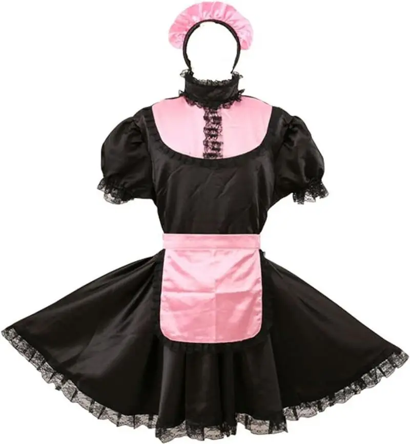 Cute short sleeved sexy Gothic girl dress, black satin patchwork pink apron, with hair clips and black lace inlay