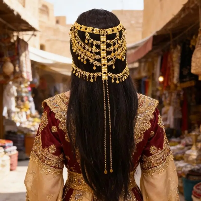 

652F арабская металлическая цепочка для волос с монетами, головной убор для тематических вечеринок, музыкальных фестивалей, с