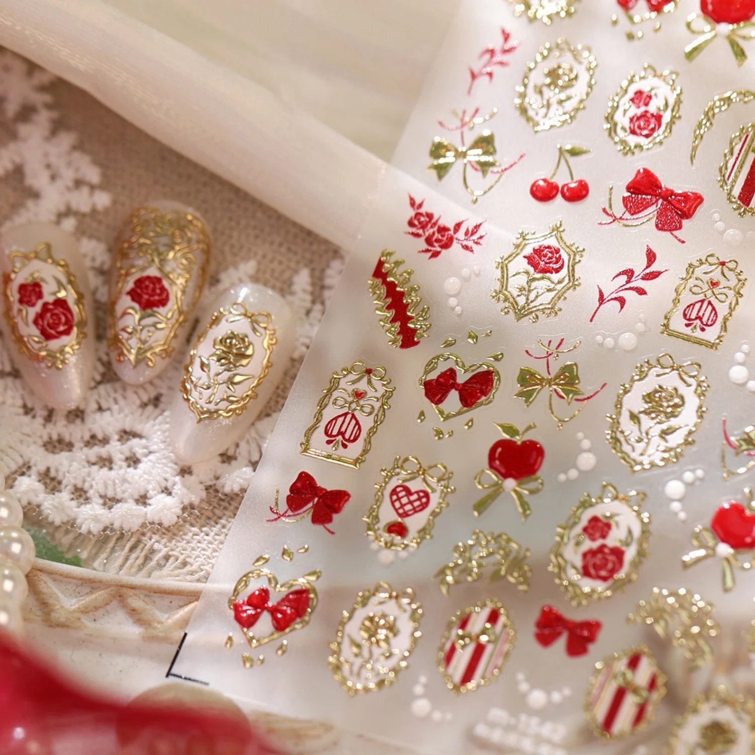 Red Apple Cherry Rose Lace Bow Carved Photo Frame 5D Nail Stickers Vintage French Manor Self‑Adhesive Decals Nail Art Design