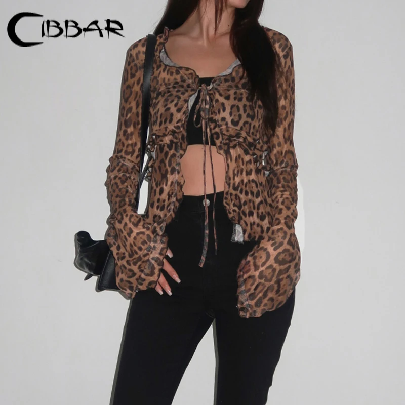 CIBBAR Mesh Leopard Print Crop Top Vintage Y2k Ruffles Stitching Bow Bandage Cardigan T-shirt Lady Transparent Tee Spring Summer