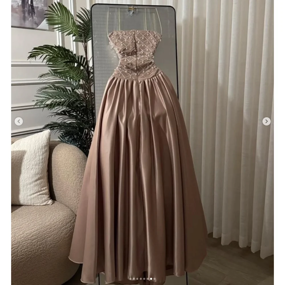 Customized Nude Satin Ball Gown Strapless Scallop Sweetheart Grid Crystal Beaded Fitted Corset Flared Floor Evening Gown view 3