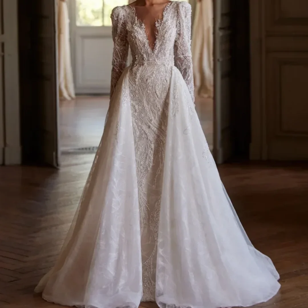 

Кружевная вышивка со съемным шлейфом, свадебное платье на заказ, свадебные платья русалки с v-образным вырезом и длинными рукавами, Vestido De Novia
