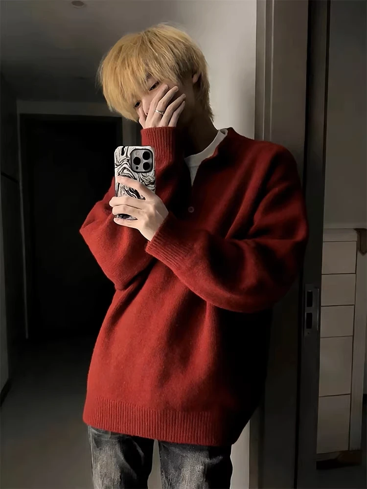 

Red V-Ne Knitwear Men's Autumn Winter Loose Fit Casual Sle Fake Two-Piece Comfortable Lazy Faionable Polyester Fiber