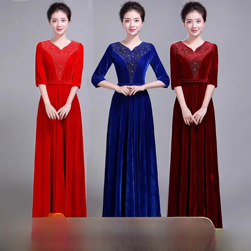 

New Adult Chorus Performance Gown Women's Long Skirt Faion Velvet Slimming Dr for Wedding Cany Dinner Par Performance