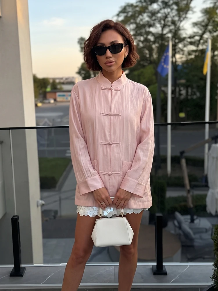 

HH Crinkled Texture Long Sleeve Blouse Spring Fall Stand Collar Chinese Frog Knot Button Cropped Oriental Shirt for Casual Offic