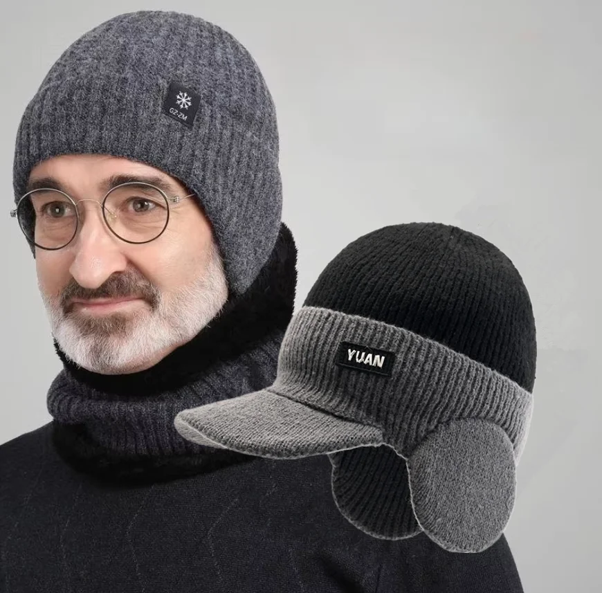 

Hats Cycling Ear Protection Men Winter Knitted Hat Plush Warmth Peaked Cap Outdoor Earmuff Casual Fashion Faux Fur Lined Bomber