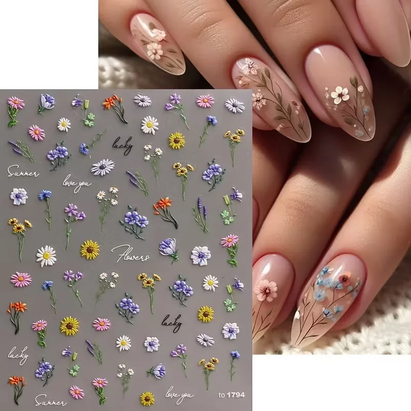 1 個 5D デイジー & ワイルドフラワー エンボスネイルステッカー 鮮やかな色 花柄 自己粘着デカール DIY マニキュア 完璧なホリデーギフト