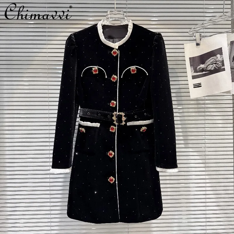 

2025 Winter New High-End Light Luxury Ruby Button Rhinestone Velvet Black Coat Fashion Long Sleeve Warm Down Liner Trench Coat