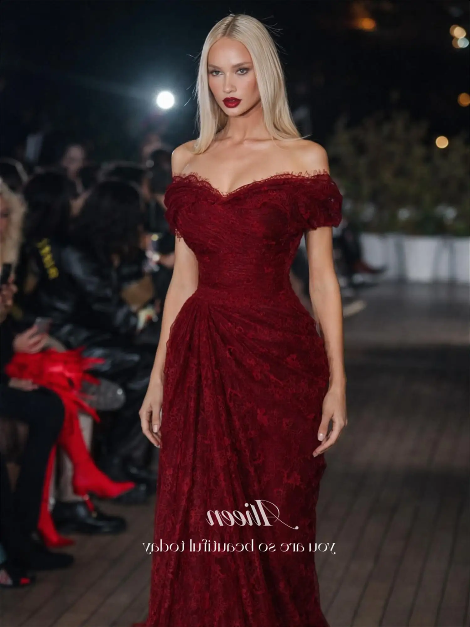 Aileen Burgundy Lace Off Shoulder Evening Dress Hot Sale Short Sleeve Mermaid Floor-Length Ruffles Formal Party Dress Customized image 6
