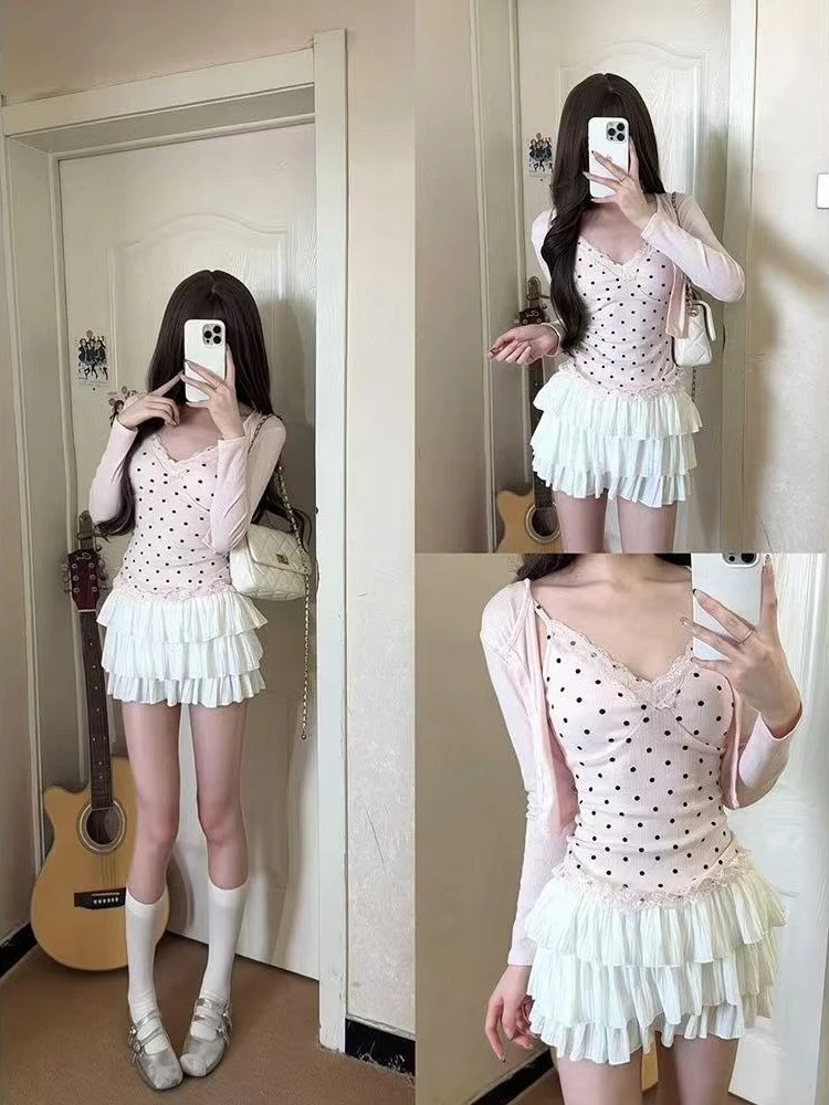 2026 Spring New Sweet Polka Dot Camisole Women Hot Girl Sexy Long Sleeve Pink Cardigan Female Design Kawaii Cute Chic Clothes