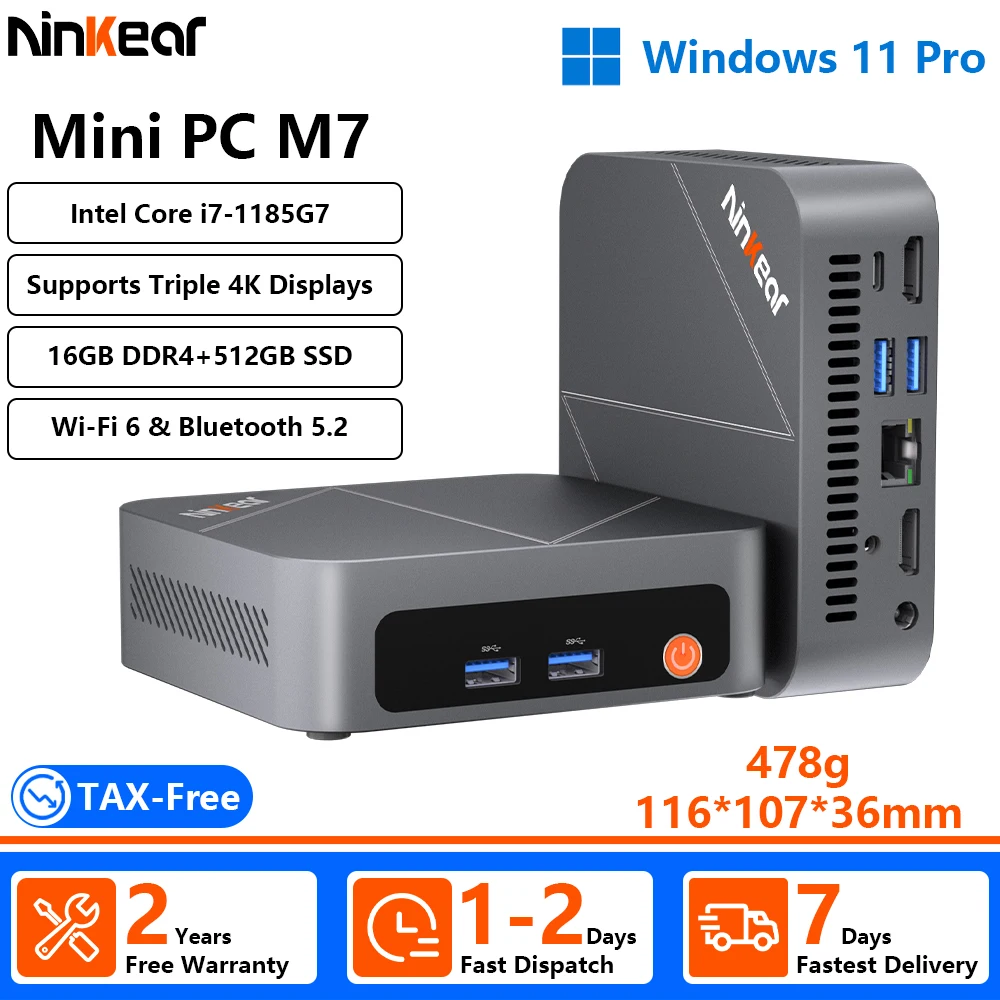 [Versand aus Europa] Ninkear M7 Mini-PC Intel i7-1185G7 Dual 2.5G LAN-Ports 16GB DDR5+512GB SSD Wi-Fi 6 Bluetooth 5.2 Windows 11 10 Ports Intelligenter Lüfter Aktive Kühlung Büro