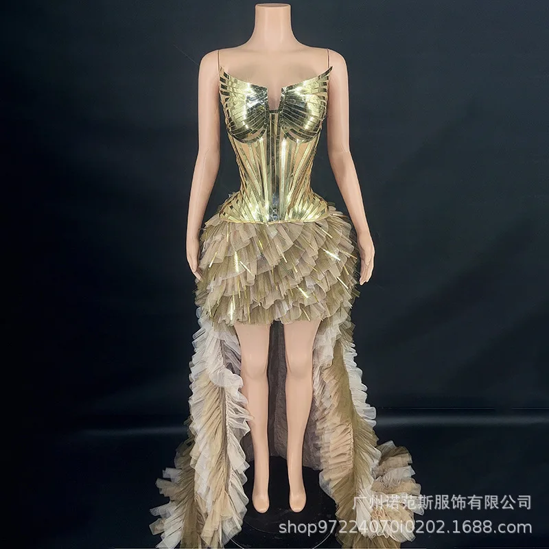 Fashion Glam Gold Trailing Annual Meeting Host Dress Girl Group Stage Singing Costume Model Catwalk Dress Vestidos De Gala Mujer