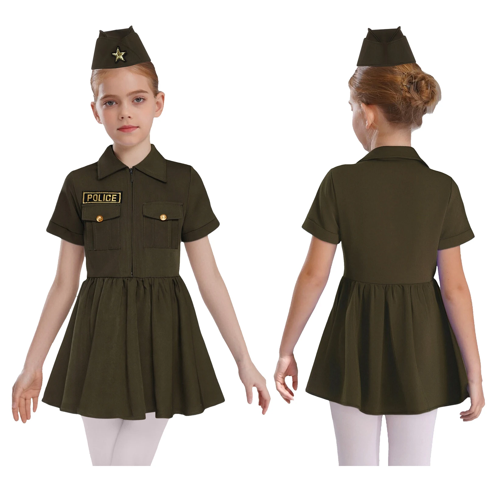 فستان كابتن/الشرطة/الطيار للأطفال البنات مع قبعة بأكمام قصيرة، ملابس تجربة احترافية للأطفال، أزياء الهالوين التنكرية #5