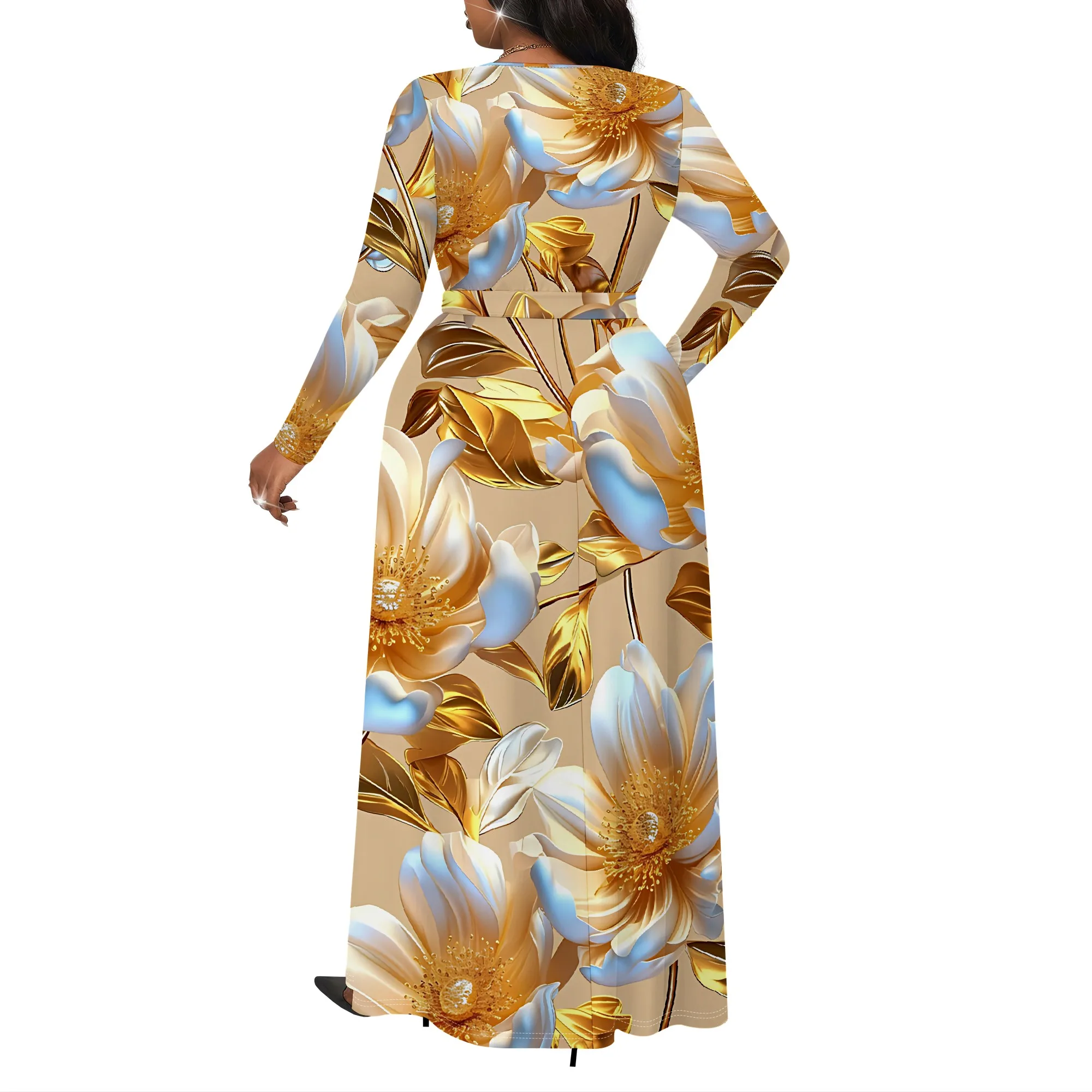 Gaun Wanita Ukuran Besar Lengan Panjang dengan Ikat Pinggang, Gaun Saku Modis Cetak 3D