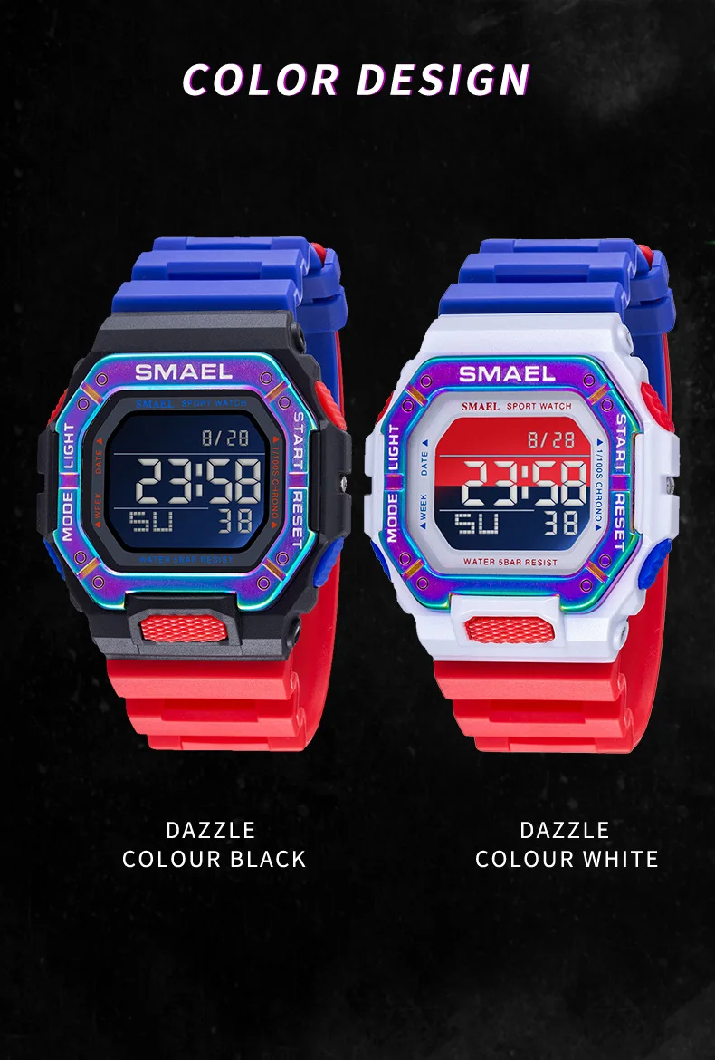 SMAEL SMAEL Orologio da coppia per studenti sportivi per il tempo libero Orologio elettronico luminoso impermeabile da 50 m con quadrante grande
