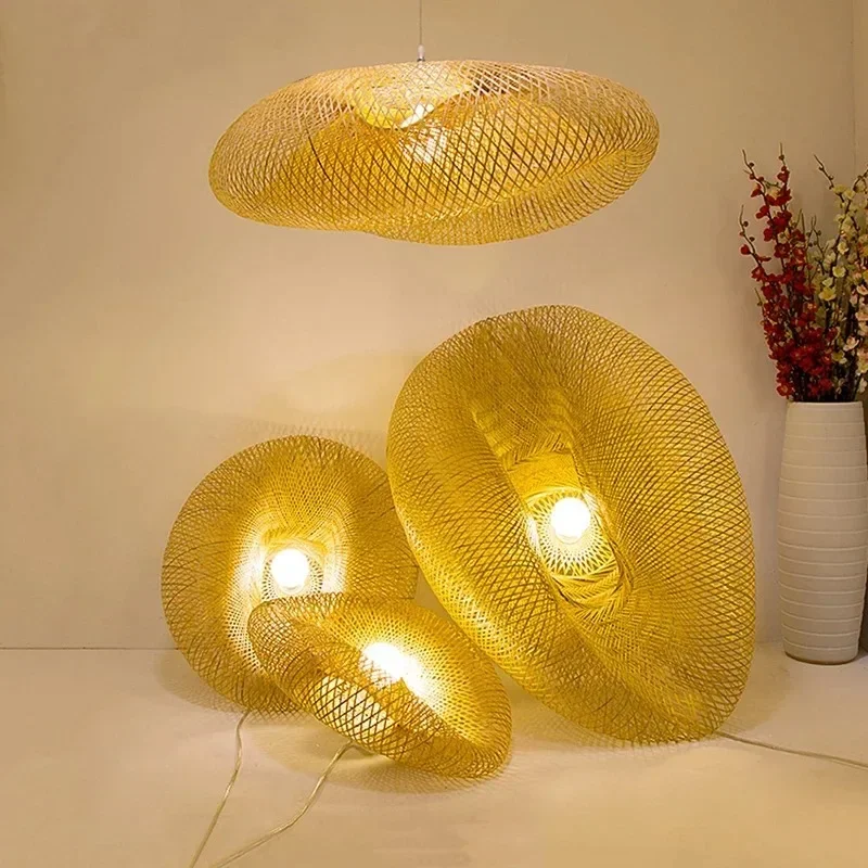Handmade Hanging Chandelier Lighting Vintage Bamboo Weaving LED Pendant Light Home Living Room Kitchen Decor Rattan Woven Lamp