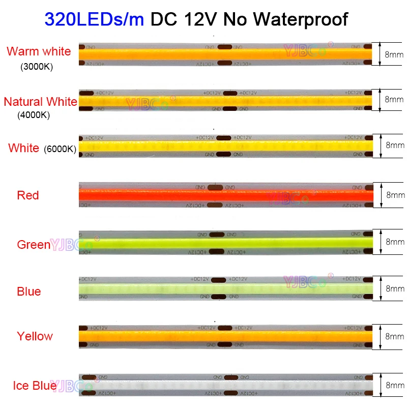 12V DC 5m 320LEDs/m Single color COB LED Strip Blue/Ice Bule/Red/Green/Yellow/White/Warm white Flexible Light monochrome Tape