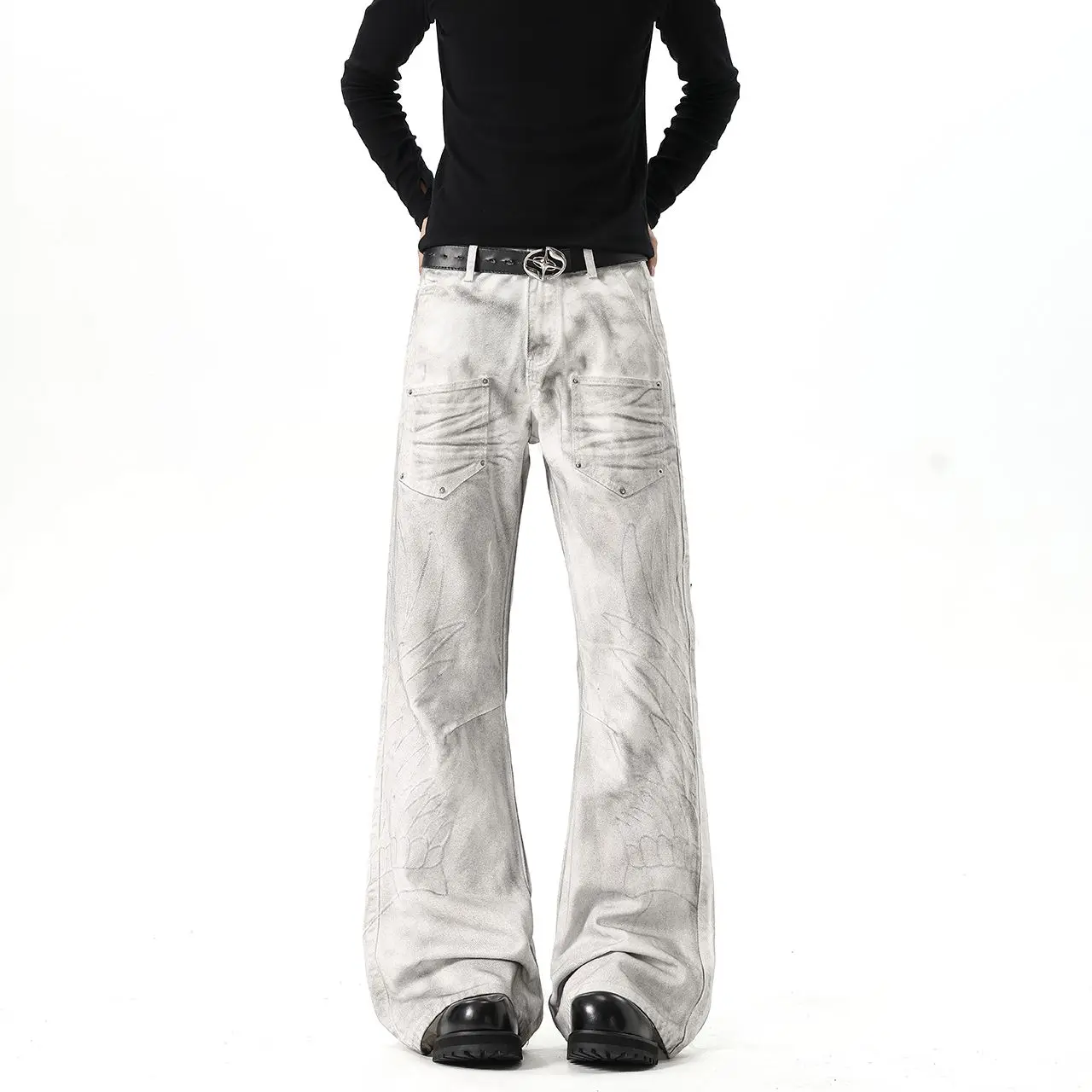 Light Asian-Style American High Street Spray-Painted Distressed Embroidered Angel Wings Jeans for Men with Vintage Rivet Design