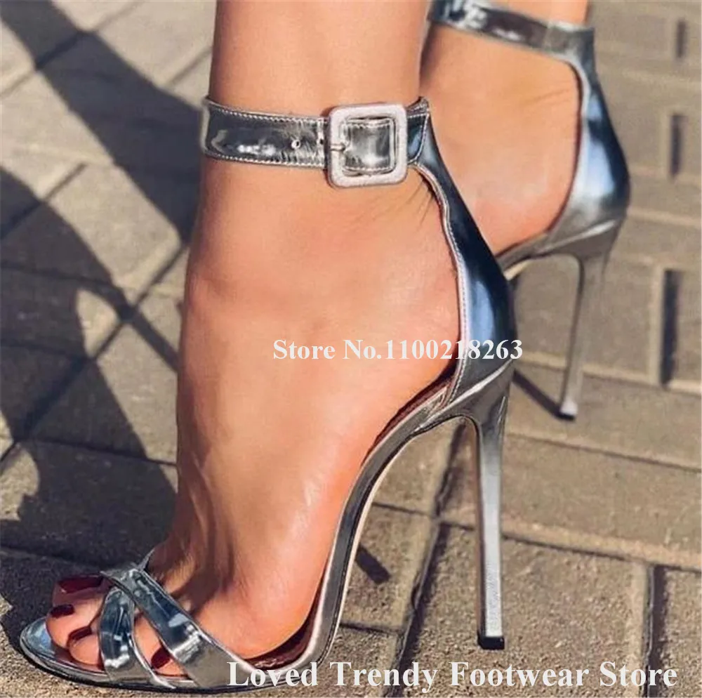 Elegant Silver Patent Leather Thin Heel Sandals Open Toe Straps Cross Ankle Straps Stiletto Heel Dress Shoes Wedding Pumps