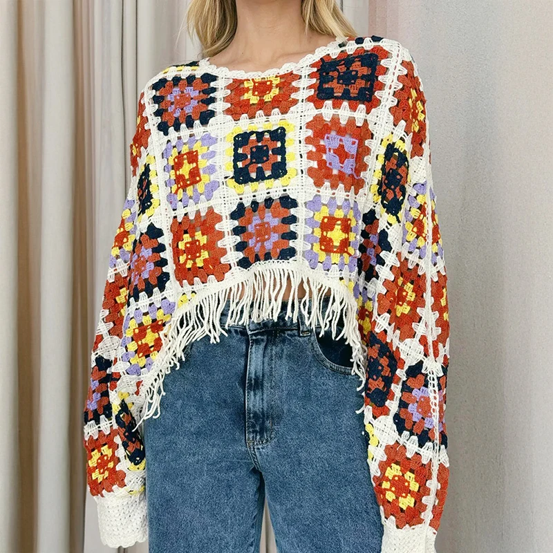 

Квадратный вязаный крючком топ бахрома с рукавами «летучая мышь» и вышивкой, пуловеры с открытой вязкой, блузка, женская фестивальная блузка в стиле бохо Blusas de mujer