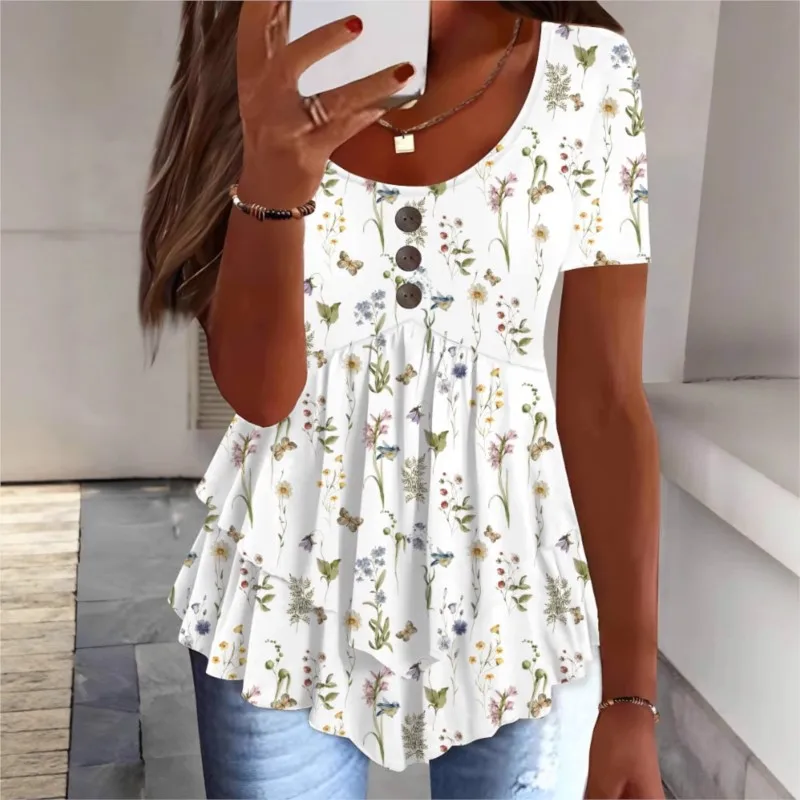 Fashion Flower Irregular Womens Top Casual O Neck Button Short Sleeve Print Ruffles Blouse Lady Elegant Summer Blouse And Tops