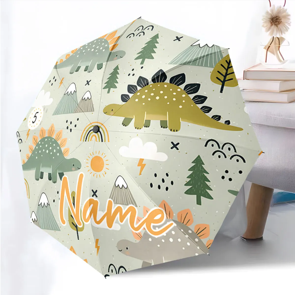 Custom Name Dinosaur-Themed Umbrella with Cute Patterns Print 8 Iron Ribs Folding Umbrella, Auto-Open Fashion Sunshade