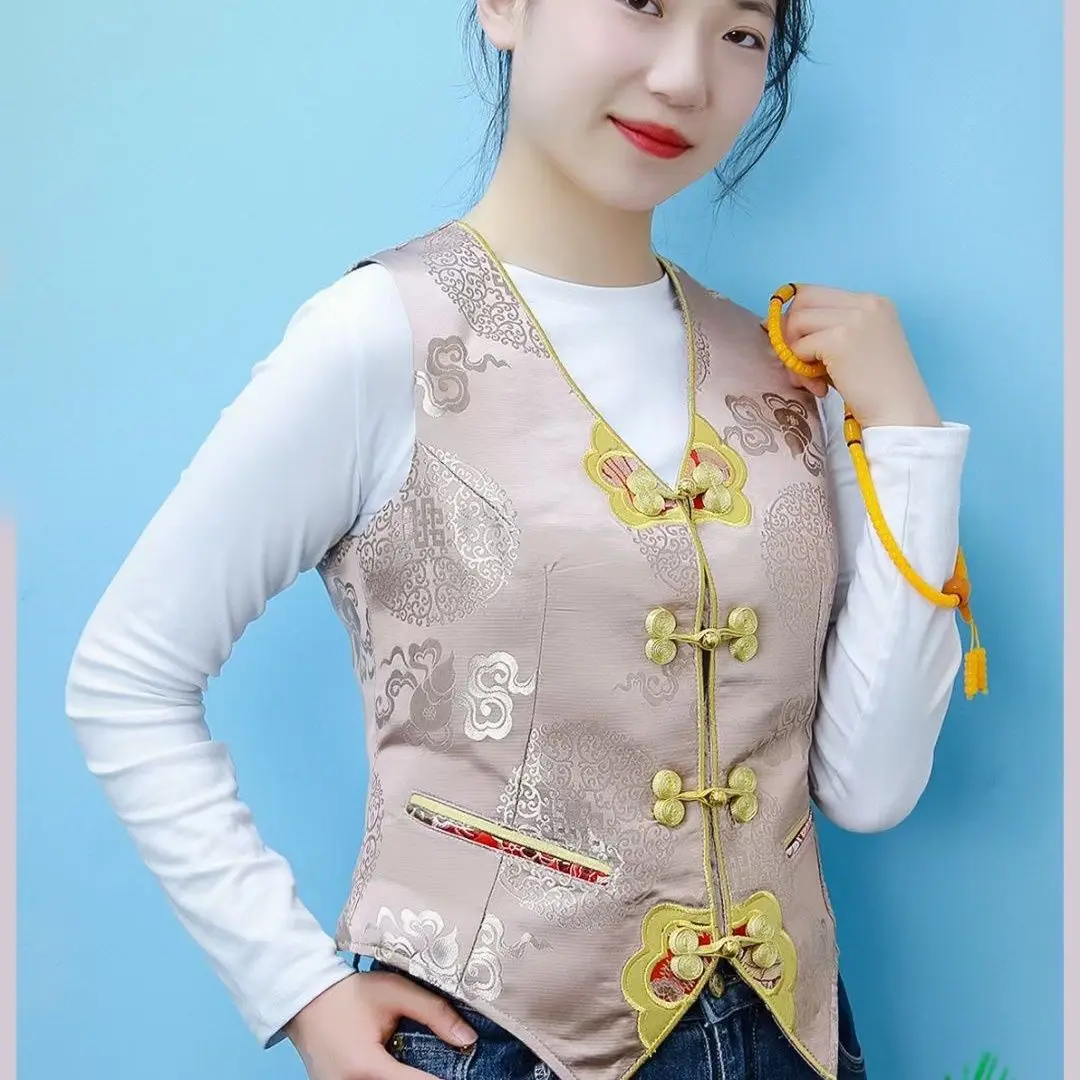 Women's brocade-trimmed Tibetan minority style vest jacket
