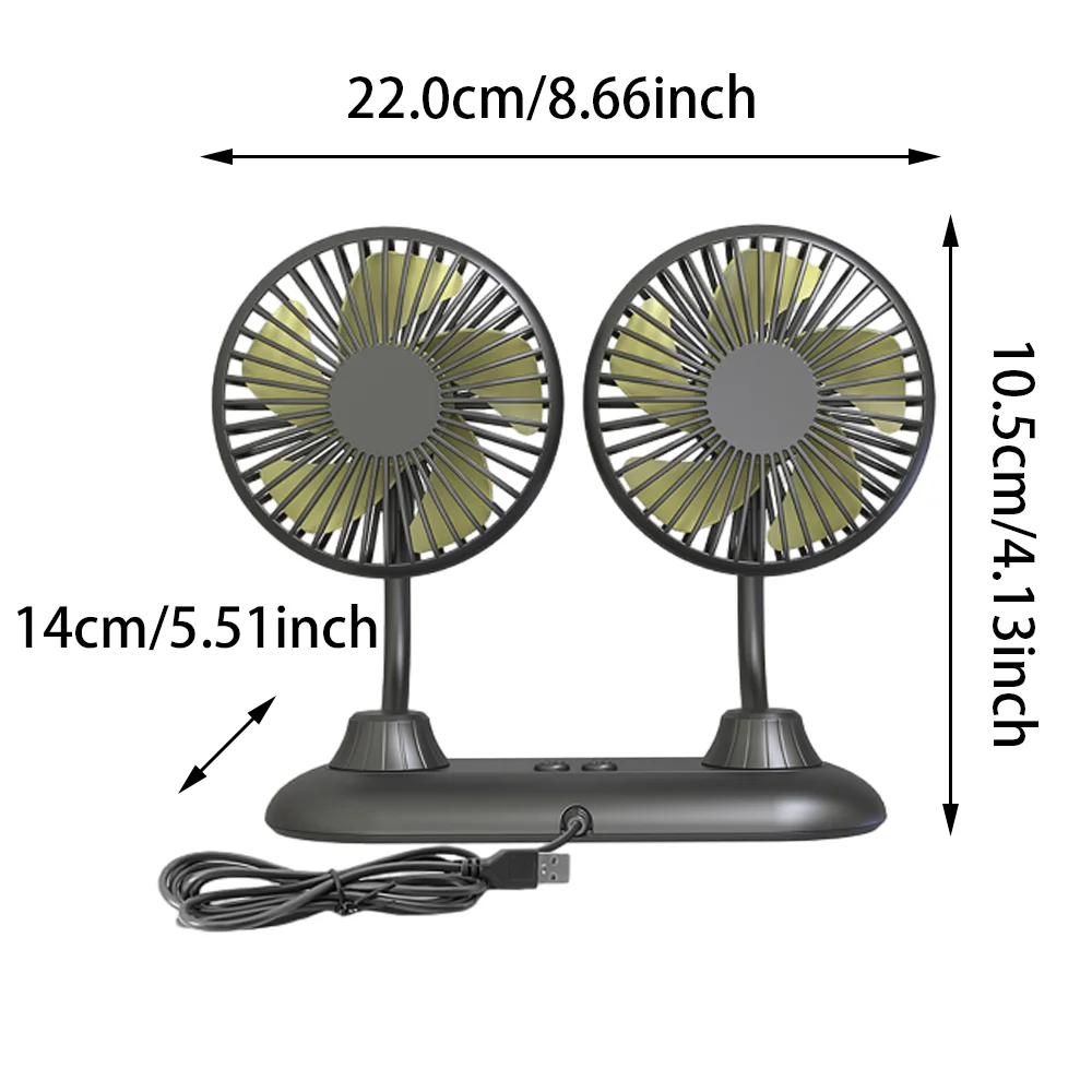 360 Degree Adjustable Car Dual Head Fan USB Powered Summer Air Cooler 3 Speed Car Dashboard Cooling Fan