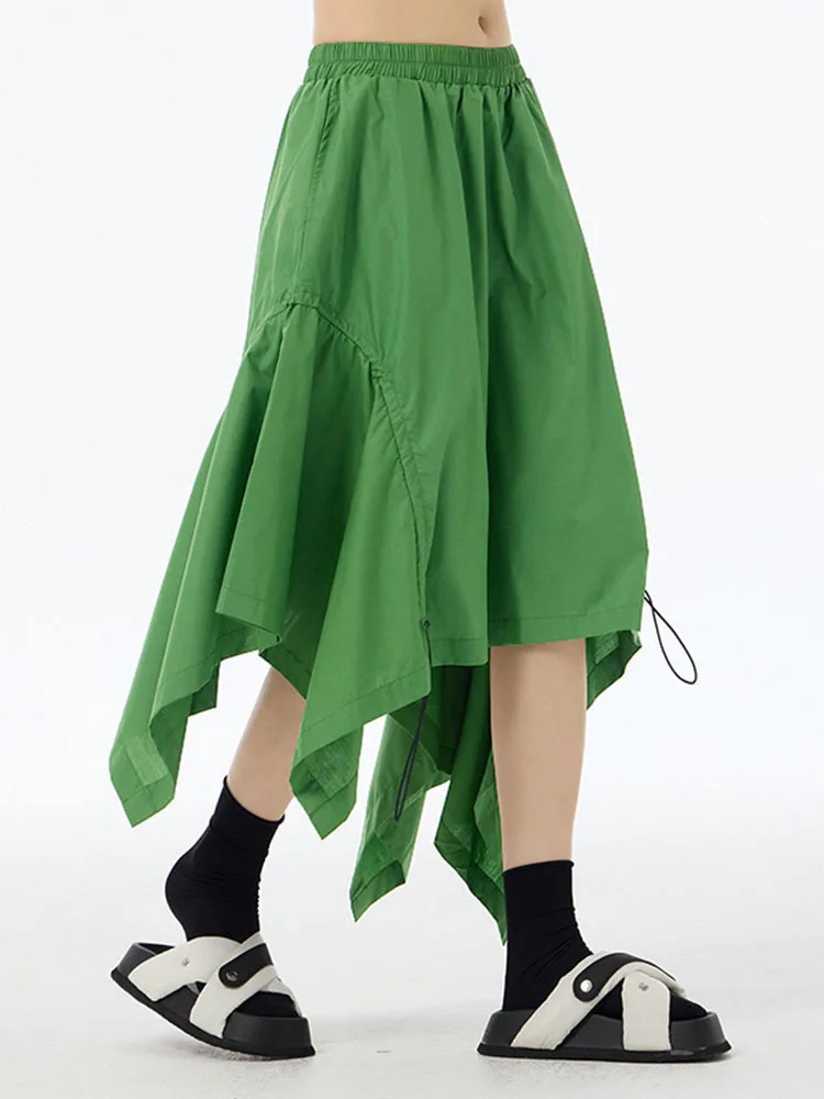 [EAM] High Elastic Waist Green Irregular Hem Drawstring Half-body Skirt Women Fashion Tide New Spring Autumn 2025 1DH6545