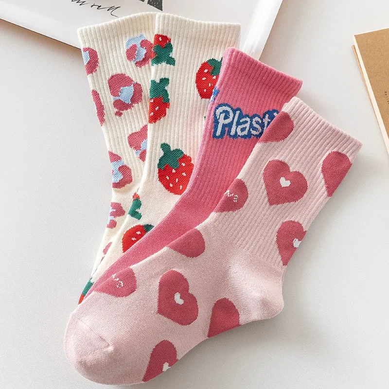 Spring Autumn Pink Letter Love Strawberry Socks Women Fashion Versatile Japanese Cute Ins Trendy Long Socks Medium Socks