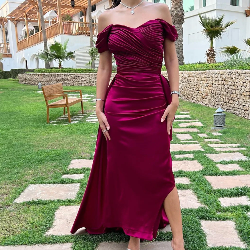 

Prom Gowns Vintage Maxi Dress فساتين سهرة فخمه2024 Satin Straight Evening Dresses Sweetheart Neck Pleat Open Back Off Shoulder