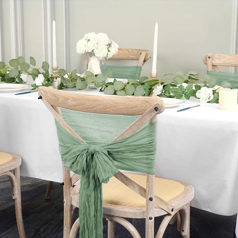 Verde Cheesecloth Cadeira Sashes, Bow Cover, Banquetes de Festa de Casamento, Restaurante Corredor Decoração, 40x275cm, 10Pcs