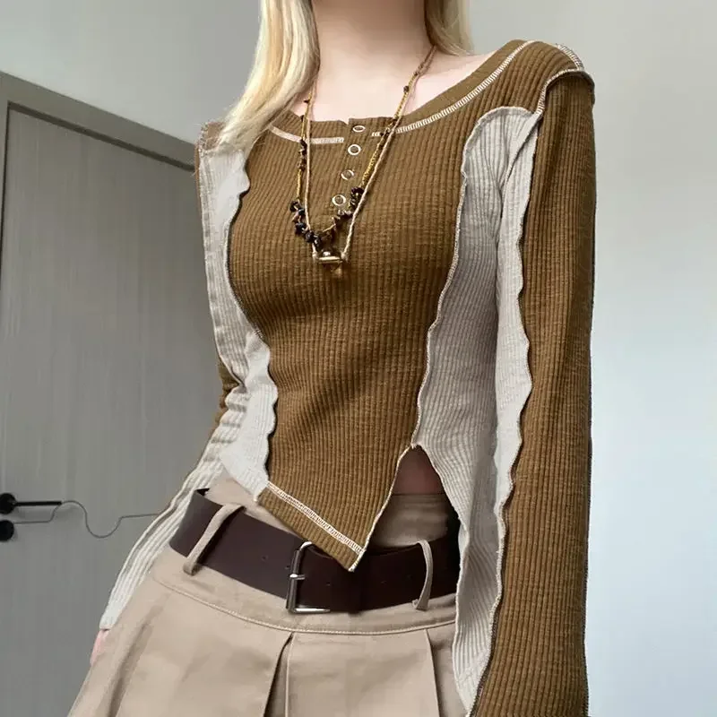 

Fashion O-Neck Button Spliced Korean Irregular Blouses Women's Clothing Autumn Winter Slim Casual Tops Asymmetrical Shirts LJ275