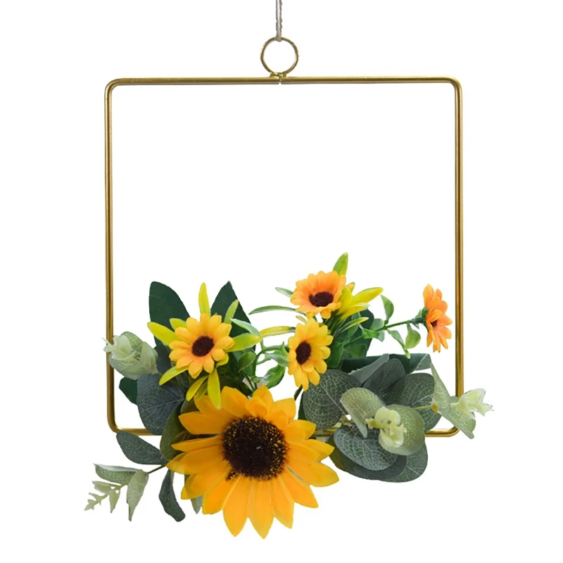Artificial Girassol Hoop Wreath, Anel De Metal, Wreath Casamento, Pendurado Aro De Parede, Guirlanda Decoração Da Parede Do Viveiro