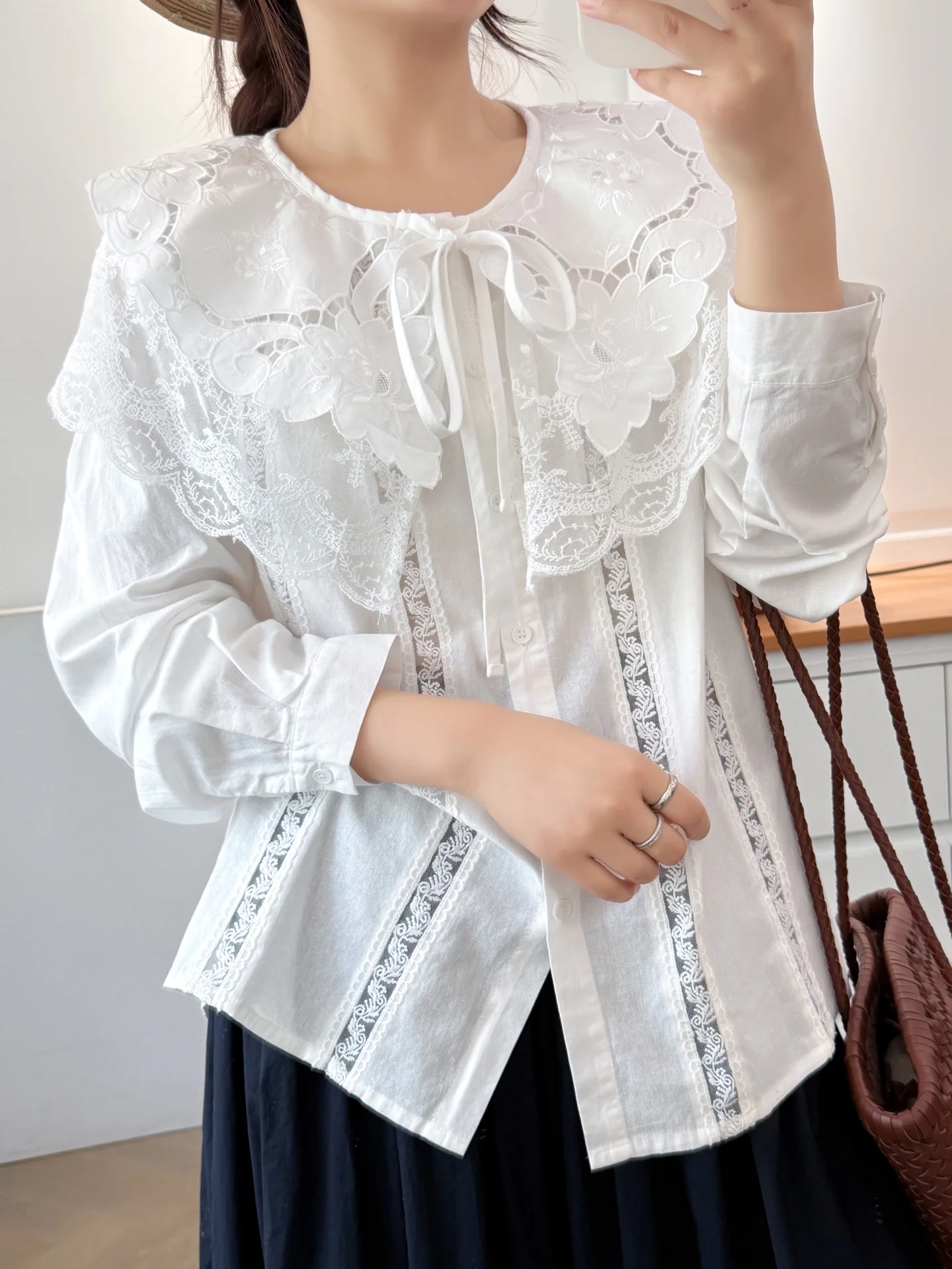 Japonais doux Mori fille dentelle broderie coton chemises femmes mignon Double couche col claudine à manches longues décontracté Blouse ample