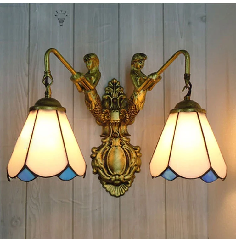 Pantalla de vitral creativa Tiffany con brillo LED E27 lámpara de pared de sirena de Metal para pasillo de celosía Lampara Vintage Mesita Noche