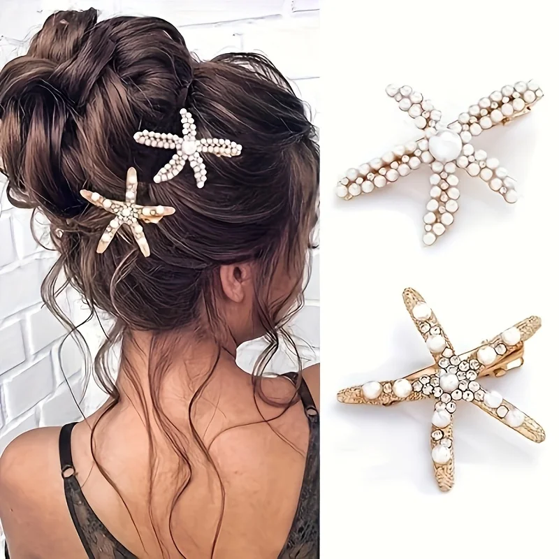 A Set of 2 Charming Imitation Pearl-decorated Star-shaped Hairpins, Suitable for Daily Wear. Elegant Hair Accessory for Ladies.