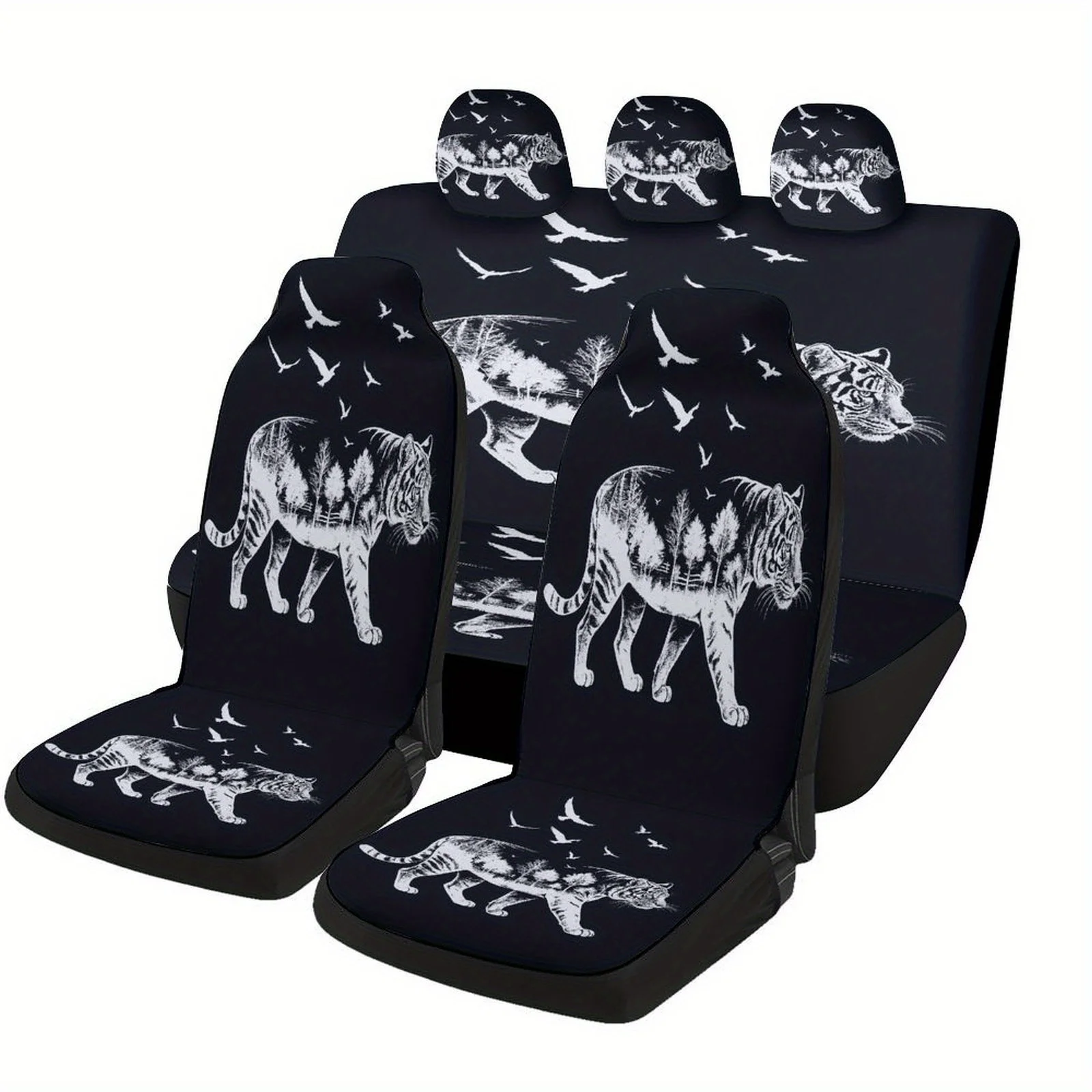 Tiger Forest Silhouette Designed Car Seat Cover Set For Most Cars, Trendy Advanced High-quality Car Seat Protector Covers Full