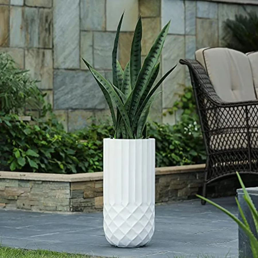 

Outdoor and indoor planter for balcony or patio use MgO material white color modern geometric design with tall 25 H profile and