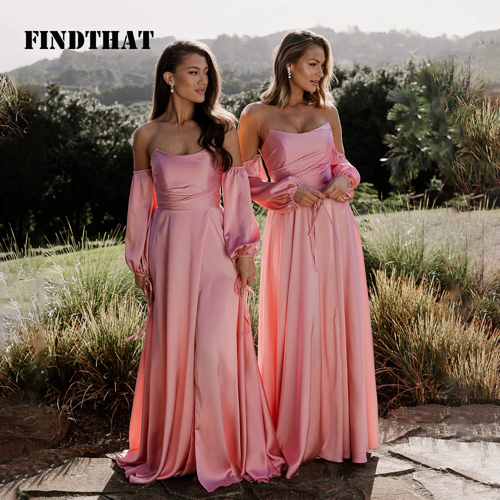 

Findthat Strapless Satin Bridesmaid Dresses 2024 Off Shoulder Detachable Long Sleeves A-Line Evening Formal Gown with Side Slit