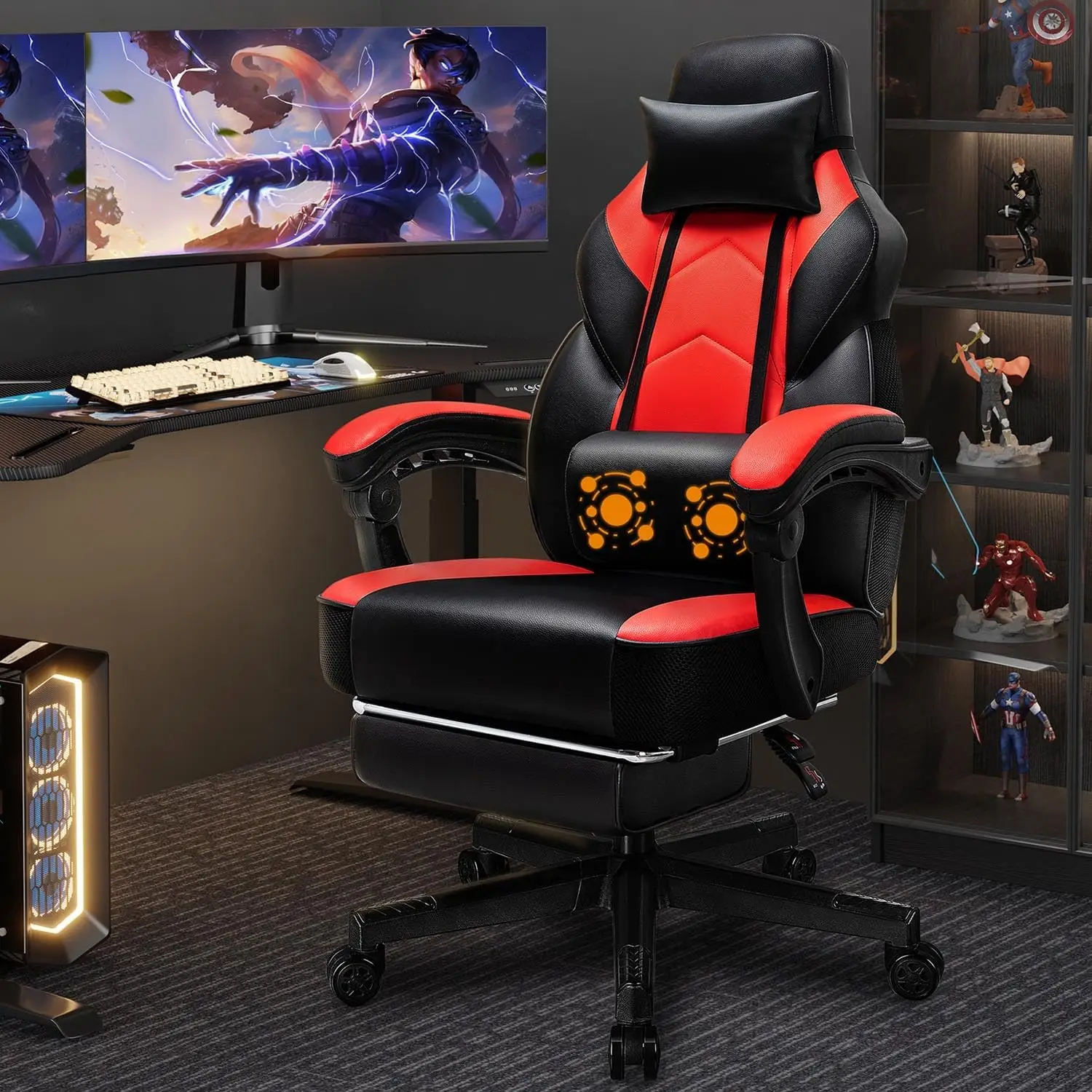 Cadeira Gamer com Apoio para os Pés, Suporte Lombar com Massagem, Ajuste de Altura e Rotação 360° ° Assento Giratório. Design Ergonômico para Jogos