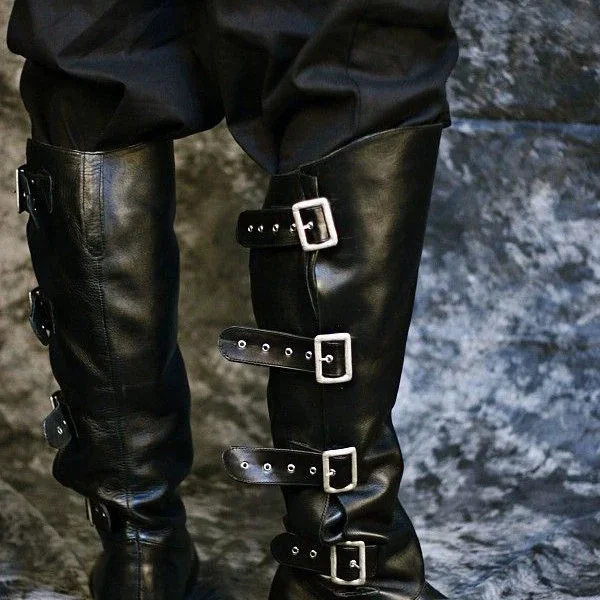 Men's Black Over-The-Knee Slouch Boots Four Adjustable Silver Buckle Straps Round Toe Low Block Heel Gothic Biker Footwear