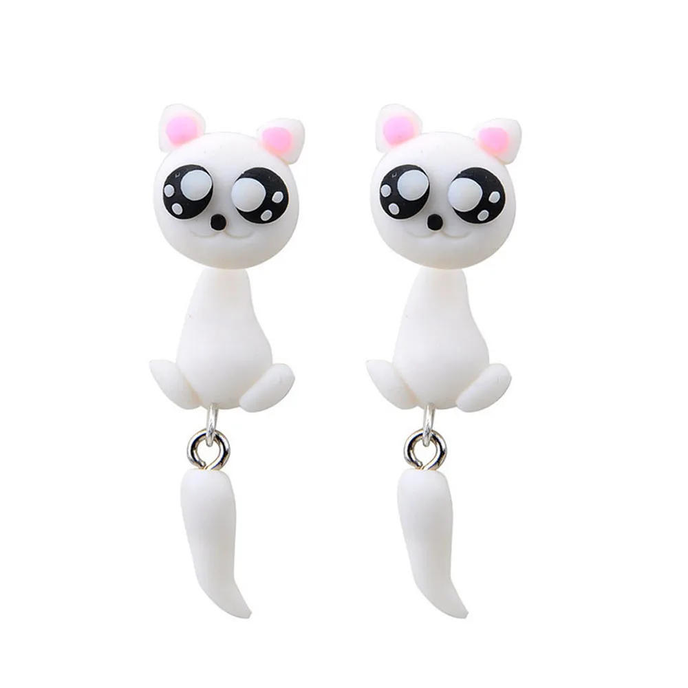Handmade 3D White Cat Polymer Clay Stud Earrings For Women Kids Cute Kitten Front Back Ear Jackets Kawaii Pet Animal Earrings