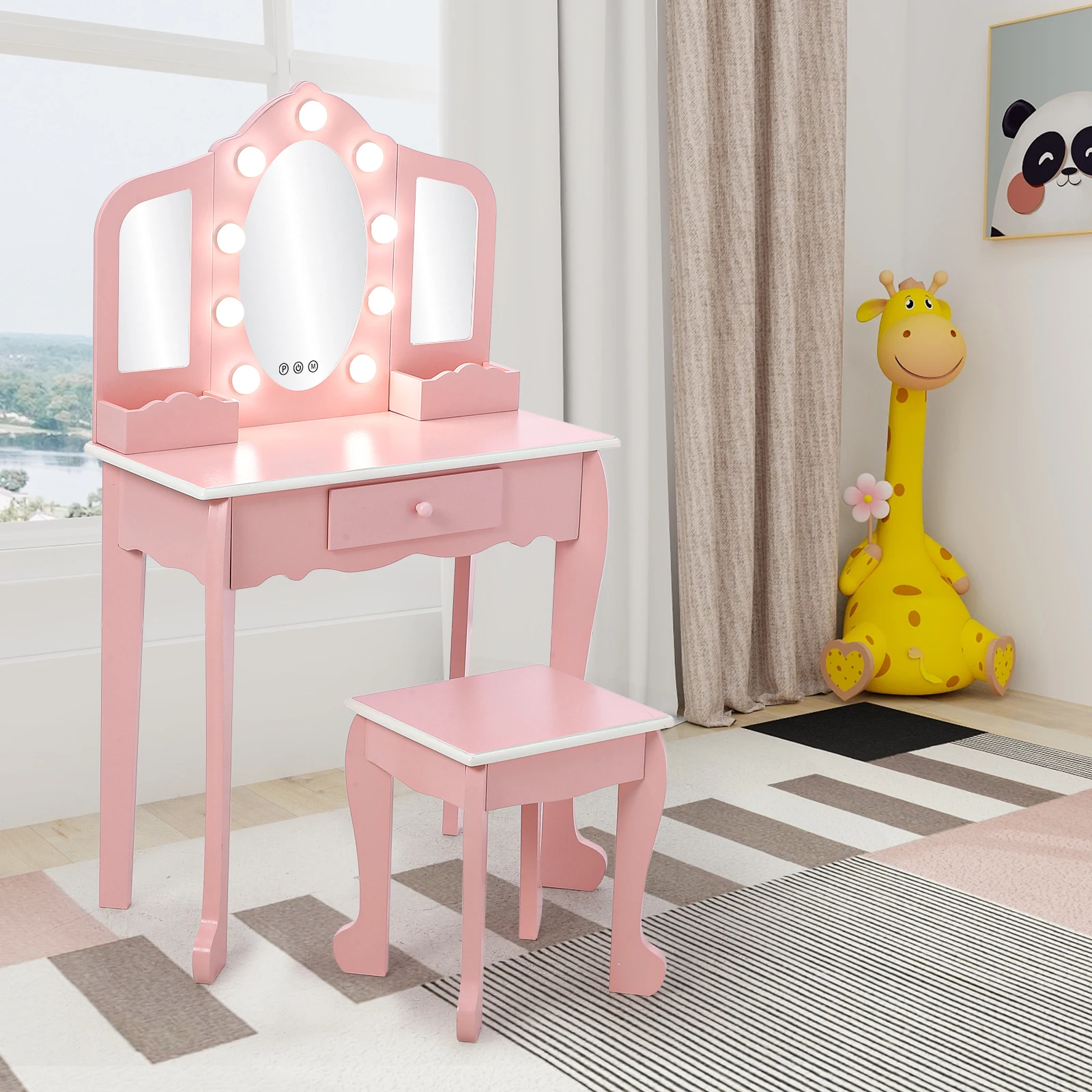 

Kids Pretend Play Vanity Table and Chair Set Girls Makeup Vanity Set with Stool and 3 Mirrors Dressing Table with LED Lighting