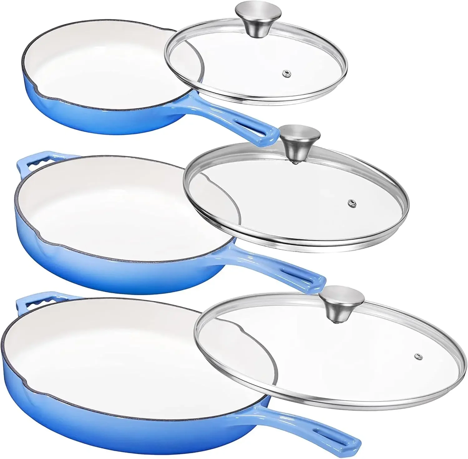 

Pre-Seasoned Cast Iron Frying Pan Set - 8, 10, 12 Inch Blue Enamel Nonstick Skillets with Tempered Glass Lid - Oven Safe Egg and