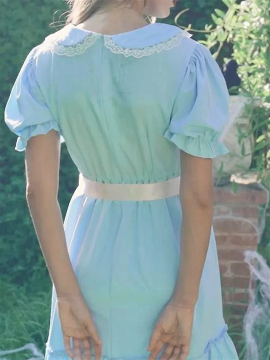 Mulheres Colarinho Boneca Manga Ruffle Vestido Linha A com Cinto Arco, Vestido Ruffle em Camadas, Daily Party Club