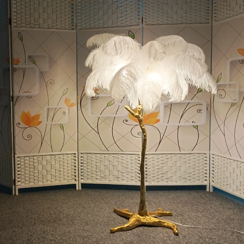 Large modern copper white/green/black/pink/blue luxury standing feather lamp ostrich feather floor lamp lighting household