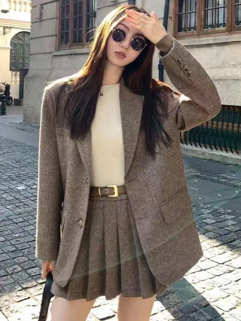 

Women's Autumn Winter ort Tailored Coat Jaet And Skirt Set High Waist Pure Color Ele Faion Loose Fit Outerwear